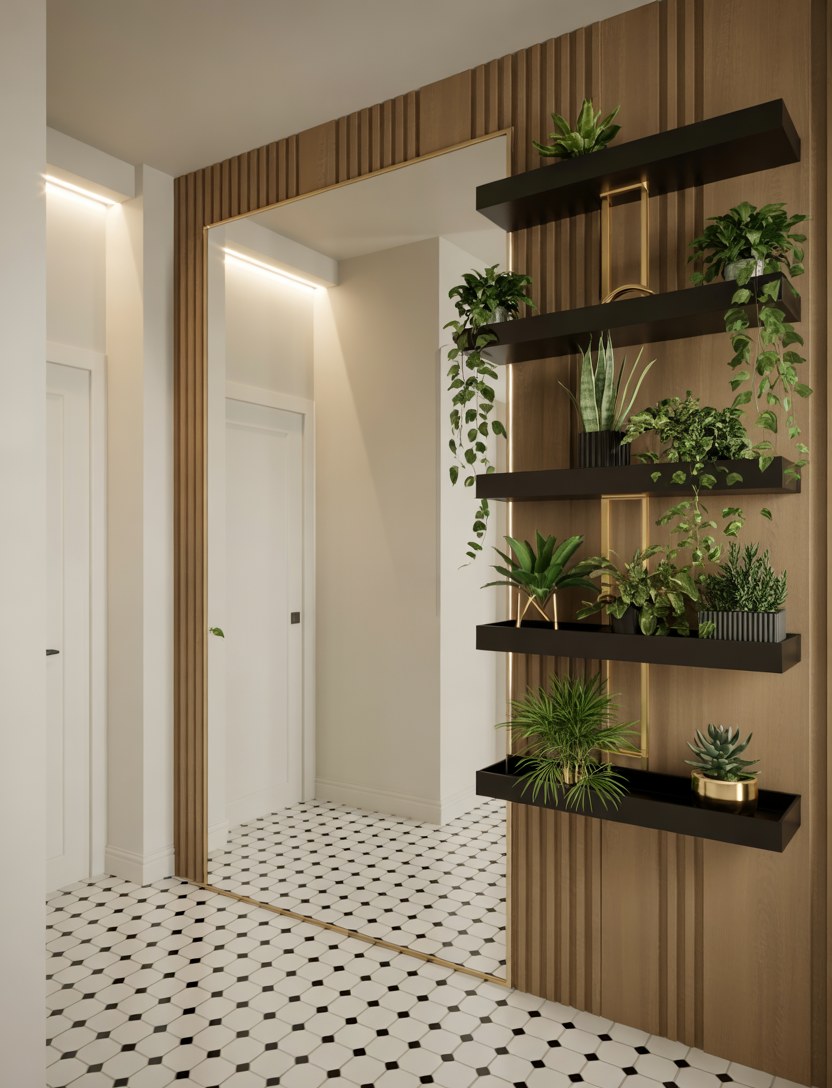Modern Bedroom Entryway with Black Floating Shelves and Indoor Plants
