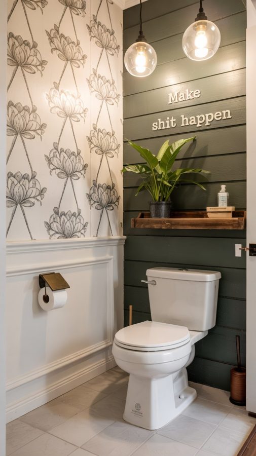 Small Bathroom Makeover Ideas: Dark Green Shiplap & Botanical Decor