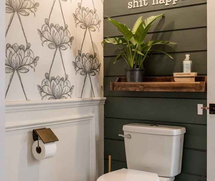 Small Bathroom Makeover Ideas: Dark Green Shiplap & Botanical Decor