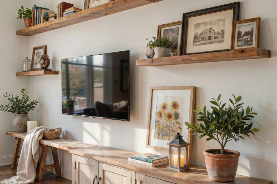 Wooden Floating Shelves | Natural Fir Wood for Cozy Living Room Decor