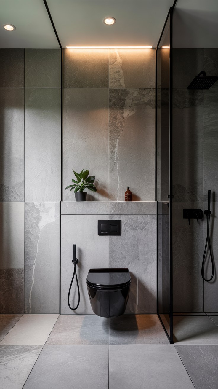 Modern Luxury Bathroom Design with Black Fixtures and Marble Tiles