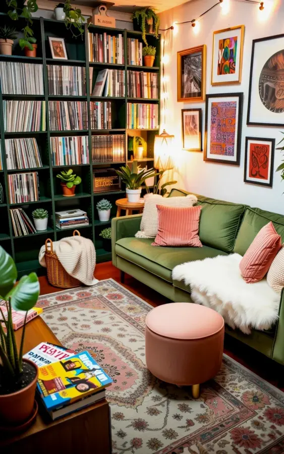 Cozy Bohemian Reading Nook Ideas for Small Living Rooms | Bookshelves & String Lights