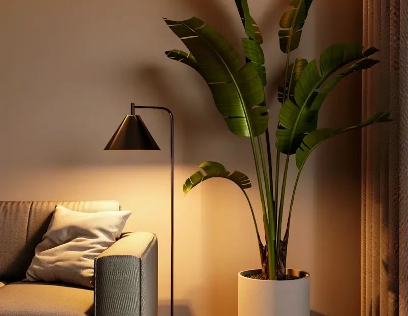 Modern minimalist living room with a large banana plant and warm cozy vibes