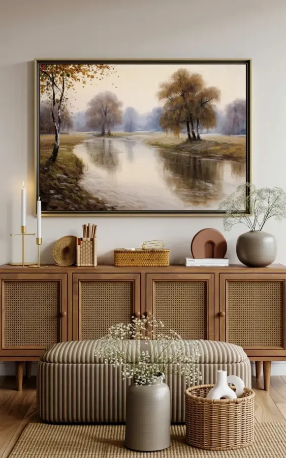 Living Room Before & After: Misty River Painting & Cane Credenza Makeover
