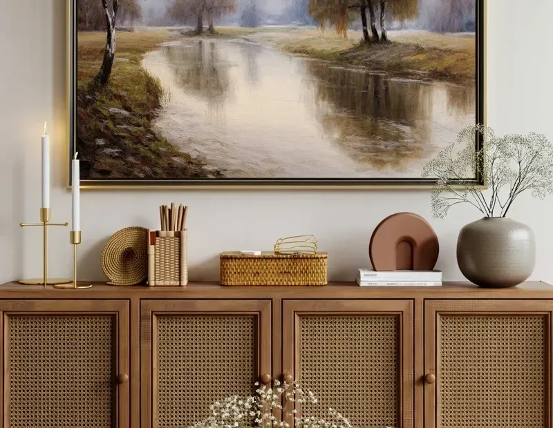 Living Room Before & After: Misty River Painting & Cane Credenza Makeover