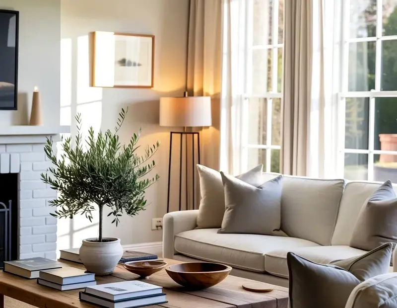 Olive Tree and Rustic Coffee Table Decor for a Bright Neutral Living Room