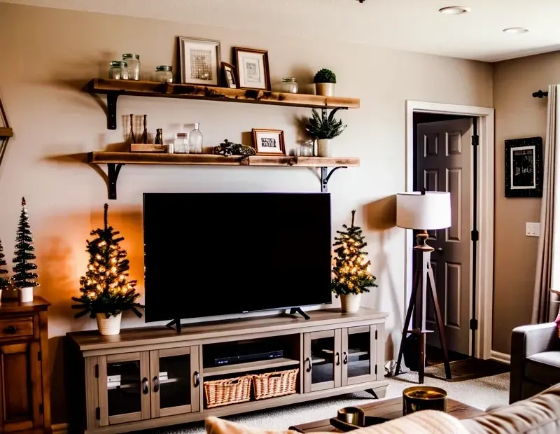 Cozy Rustic Farmhouse Living Room Decor Ideas | TV Above Console & Floating Shelves