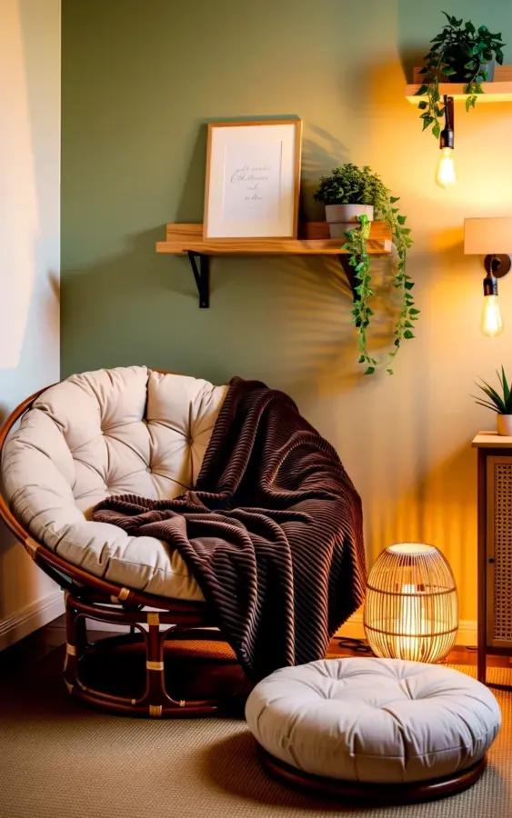 Cozy Papasan Chair Reading Nook with Edison Bulbs and a Corduroy Blanket
