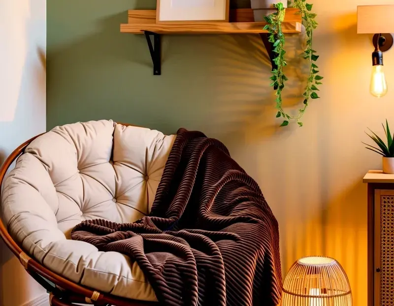 Cozy Papasan Chair Reading Nook with Edison Bulbs and a Corduroy Blanket