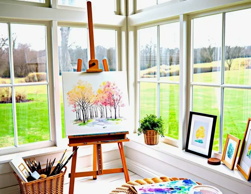 Budget Sunroom Art Studio with Watercolor and Wicker