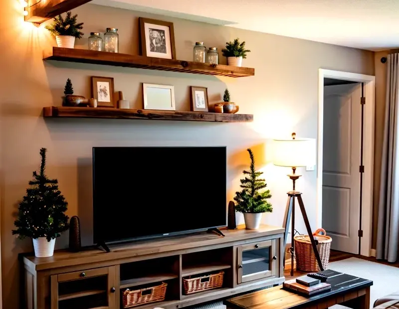 Rustic farmhouse living room with floating shelves and cozy string lights above TV