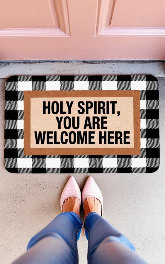 Pink Buffalo Plaid Doormat Saying Holy Spirit Welcome | Entryway Faith Decor