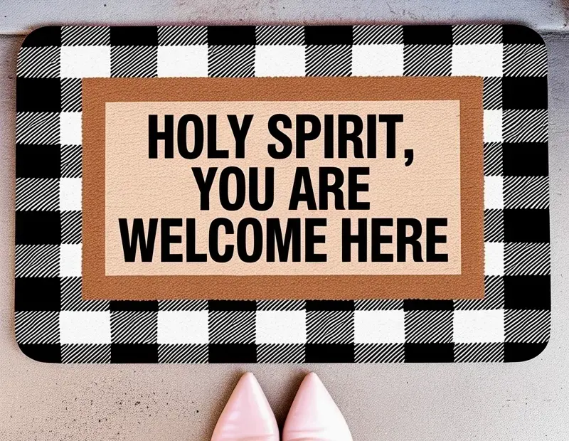 Pink Buffalo Plaid Doormat Saying Holy Spirit Welcome | Entryway Faith Decor