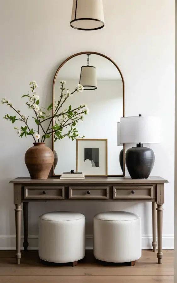 Spring Entryway Console Table Decor | Rustic Wood with White Flowering Branches