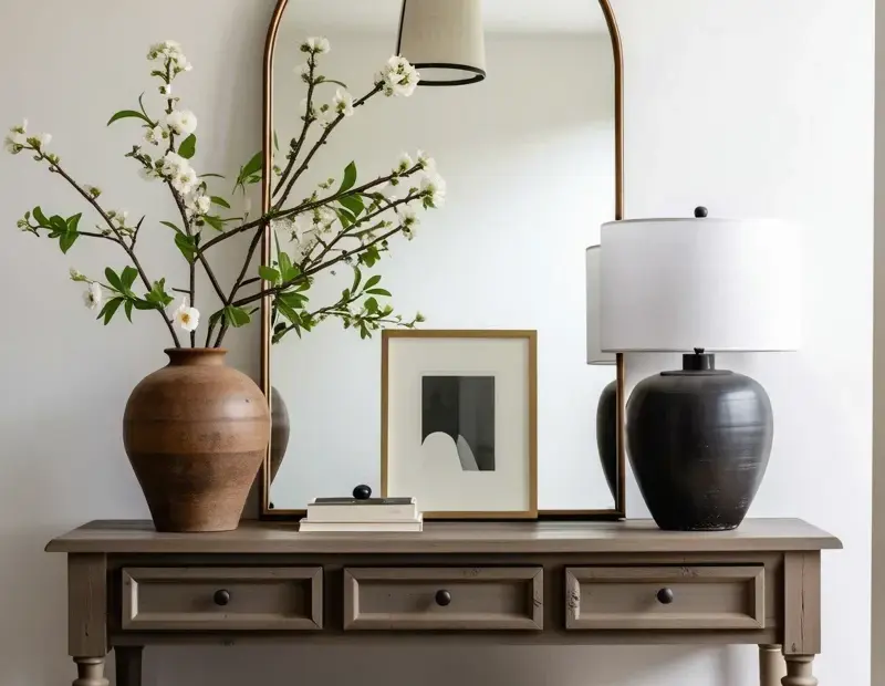 Spring Entryway Console Table Decor | Rustic Wood with White Flowering Branches