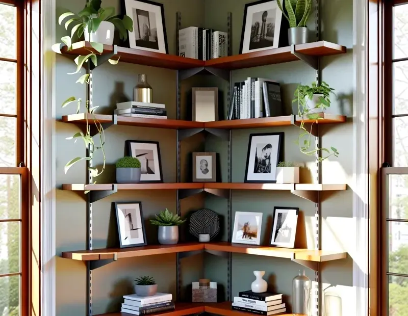 Sage Green Small Living Room Corner Shelves | Floating Wood Display with Plants