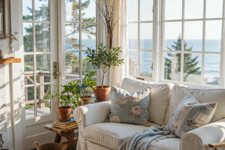 Cozy Rustic Coastal Living Room | White Sofa Blue Accents Cottage Decor