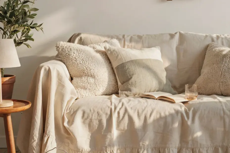 Cozy Living Room Sofa Cover | Beige Washing Cotton Frill | Natural Soft Look