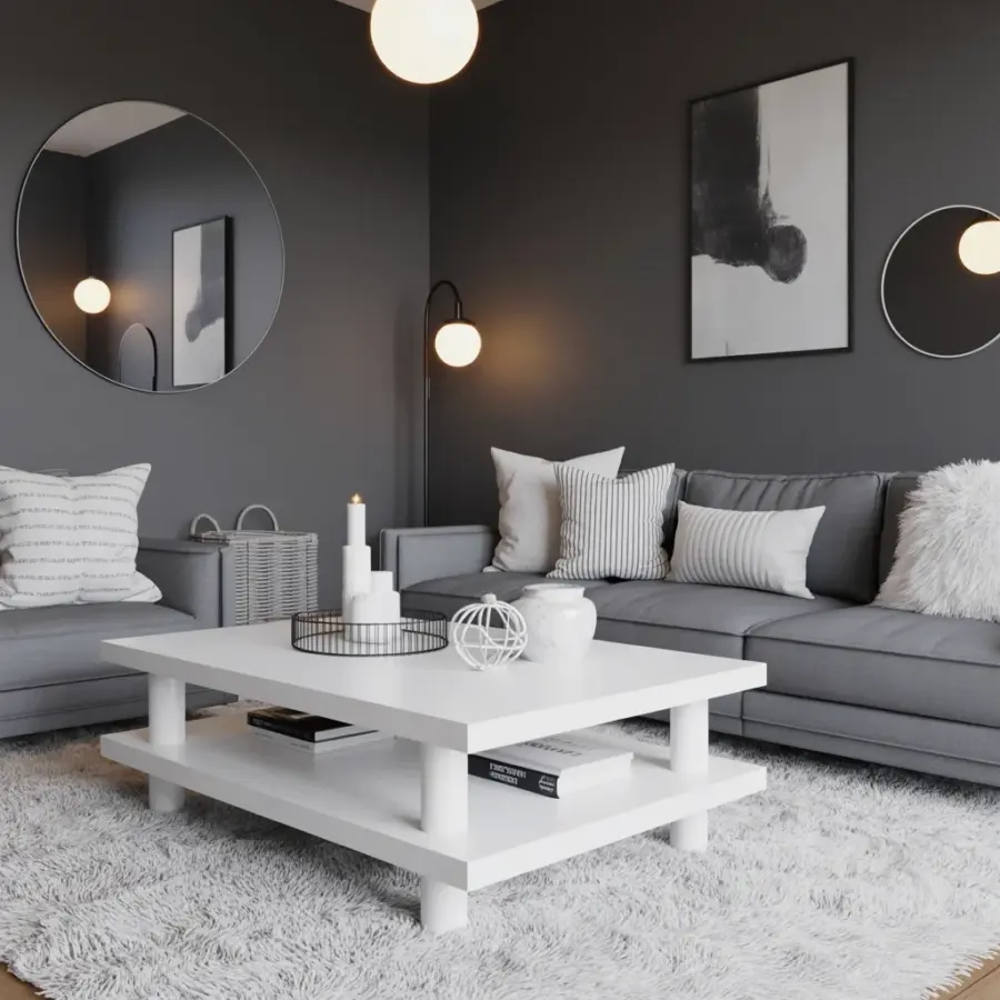 Very Small Living Room Ideas on a Budget | Minimalist Gray & White Decor with Circular Mirrors