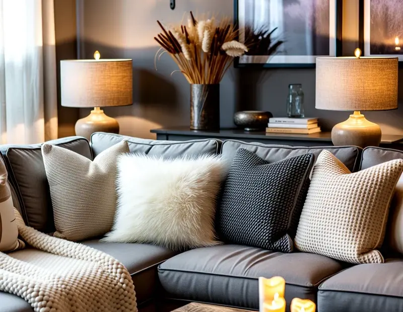 Moody Living Room with Gray Sectional | Dark Cozy Interior Design with Textured Pillows & Throw