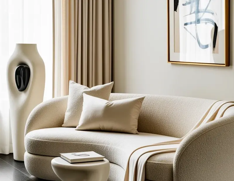 Small Living Room Neutral Color Palette | Curved Bouclé Sofa & Minimalist Decor
