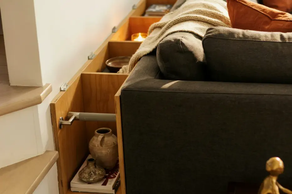 Stair-Wall Living Room Storage Ideas | Maximize Space with Behind-Couch Shelves | Small Apartment Solutions
