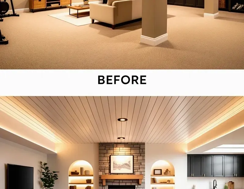 Before & After Basement Renovation: Carpet to Light Oak Hardwood & Stone Column