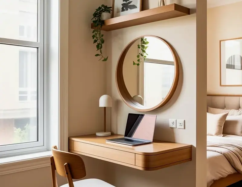 Small Bedroom Home Office Nook Ideas - Floating Desk & Shelves Setup