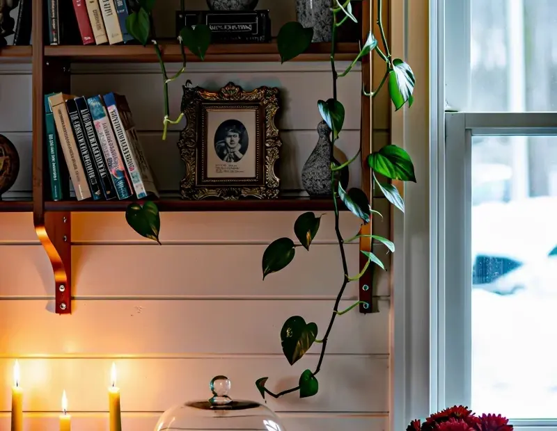 Cozy Living Room Shelf Styling with Cascading Pothos and Vintage Decor