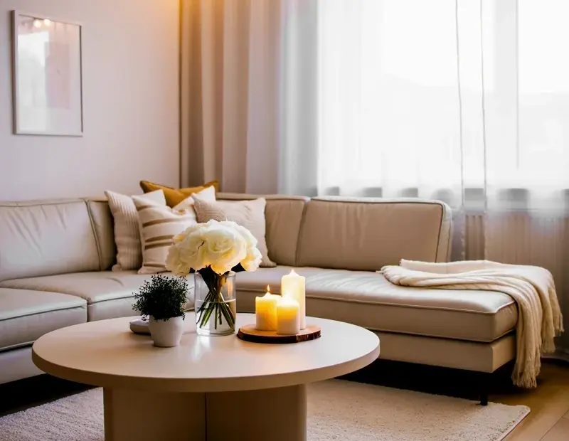 Small Living Room Ideas with a Beige Sectional and Warm String Lights