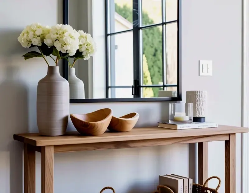 Small Living Room Entryway Console Table Before & After | Neutral Arch Mirror Decor