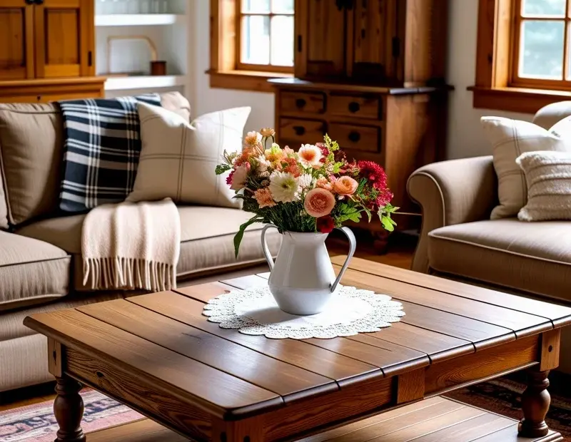 Cozy Farmhouse Living Room with a Two-Tier Wood Coffee Table & Plaid Throws