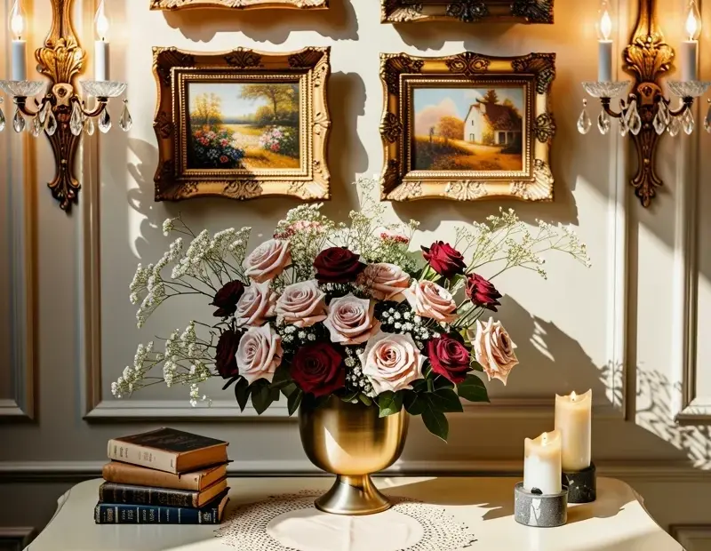 Vintage Gold Frame Paintings Above a Cream Cabinet - Living Room Wall Decor Idea