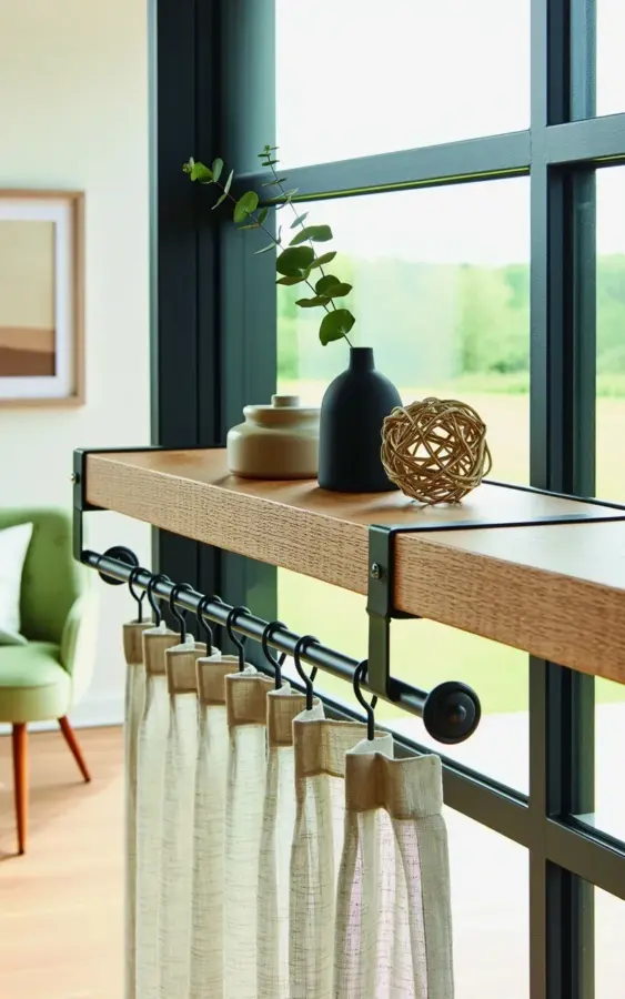 Window Shelf Over Curtain Rod Before & After | Modern Living Room Window Makeover