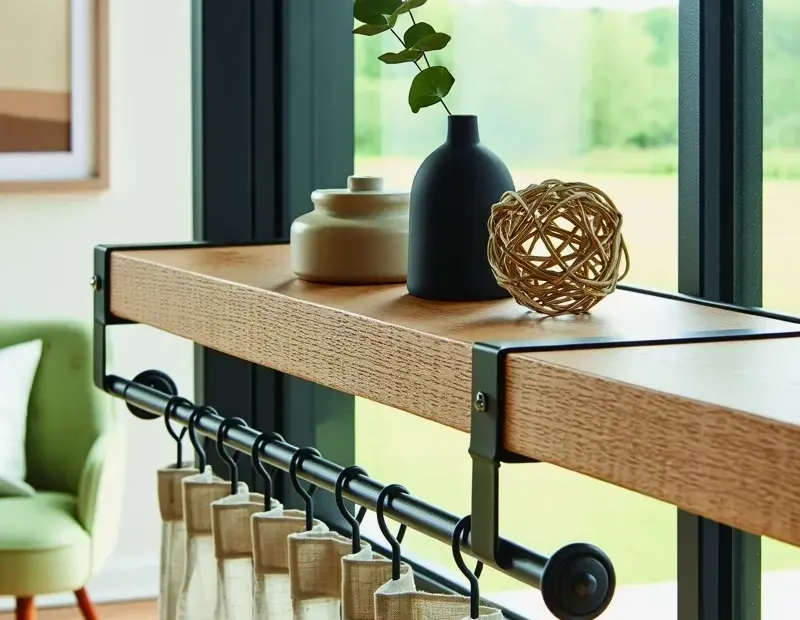 Window Shelf Over Curtain Rod Before & After | Modern Living Room Window Makeover