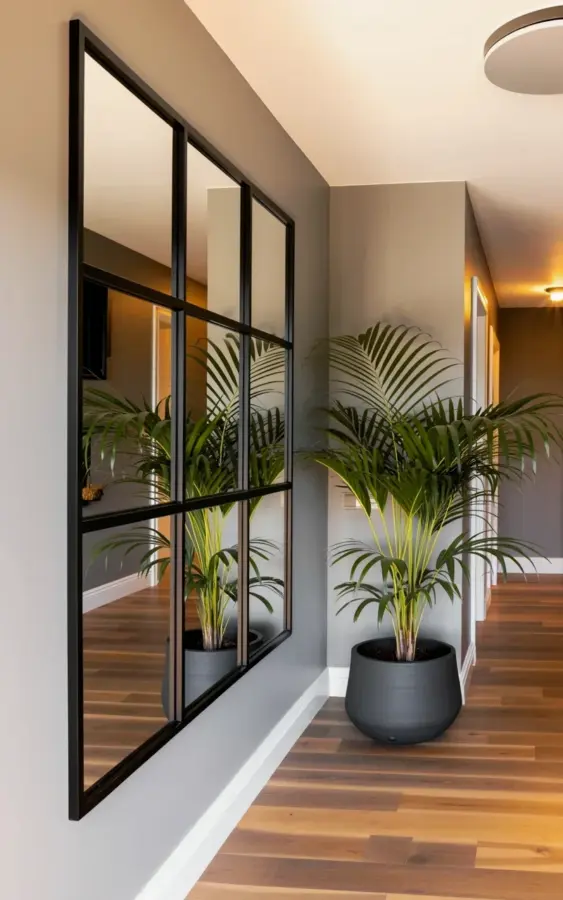 Summer Hallway Decor Ideas with Black Framed Window and Parlour Palm
