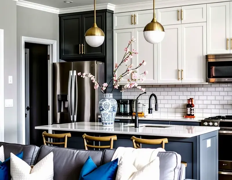 Small Living Room Ideas for Spring: Open Concept Kitchen with Brass Pendants & Blue Pillows