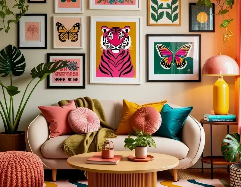 Cozy Boho Living Room Gallery Wall with Pink Tiger Art and Colorful Pillows